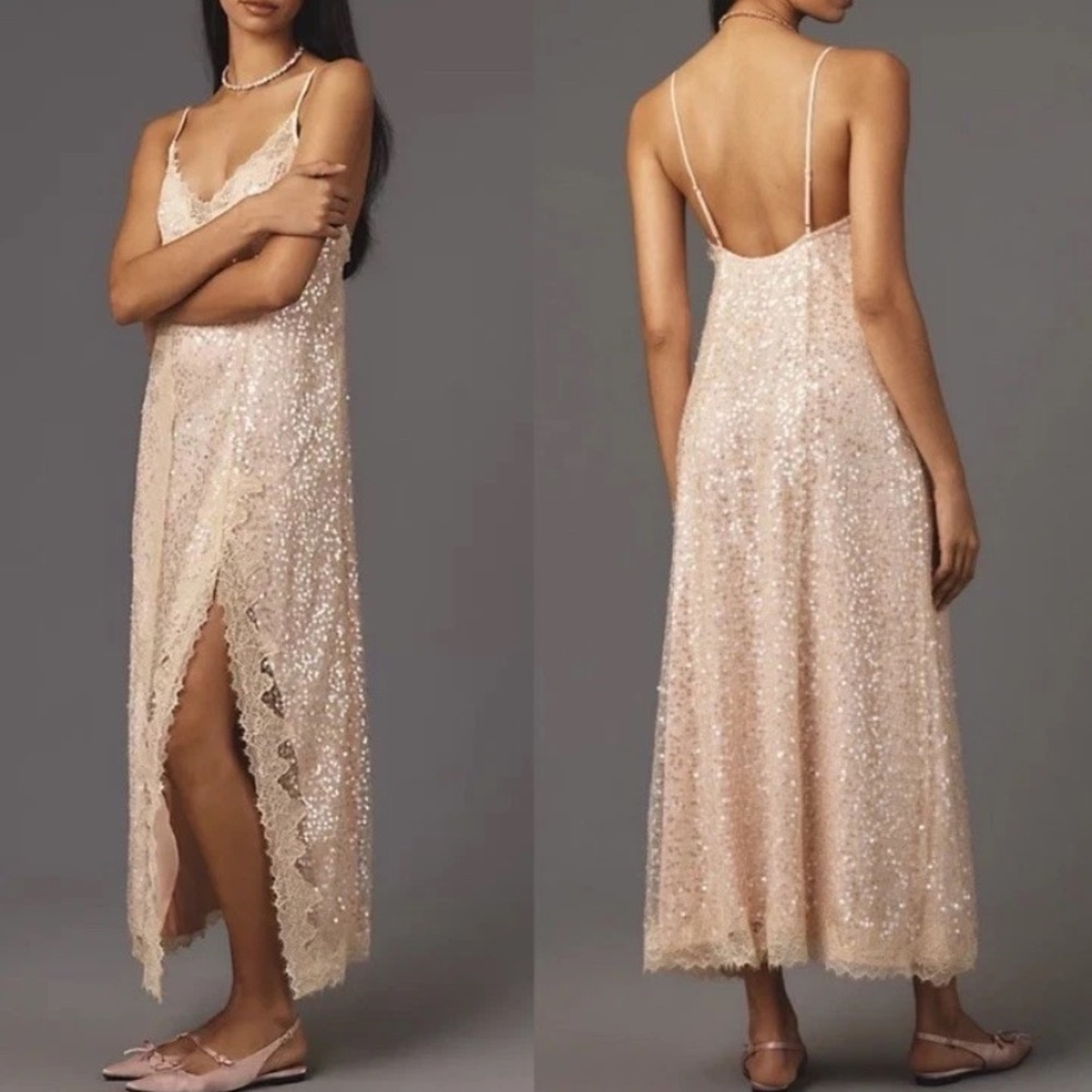 En Elly Anthropologie Pink Sequin MIDI Slip Dress New Medium Sleeveless Fairy
